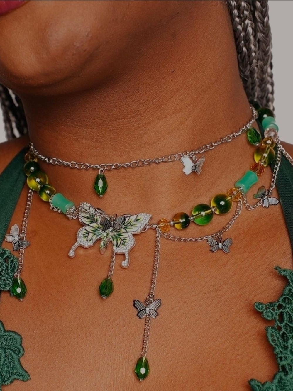 Green Butterfly Multi-Strand Necklace by